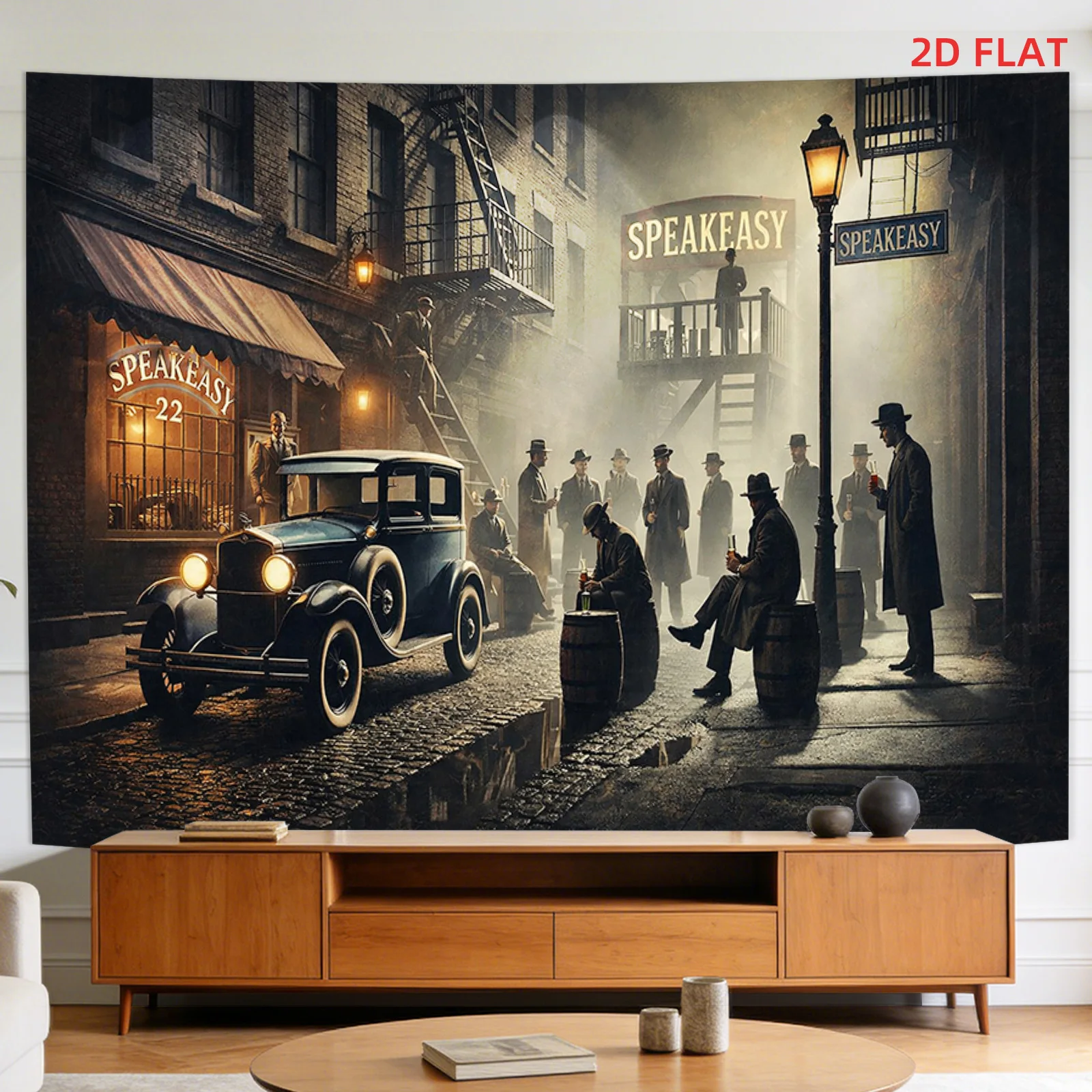 Vintage Speakeasy Tapestry, 1920s Gangster Street Scene, Retro Car & Jazz Age Wall Hanging, Classic Noir Decor, Man Cave Art