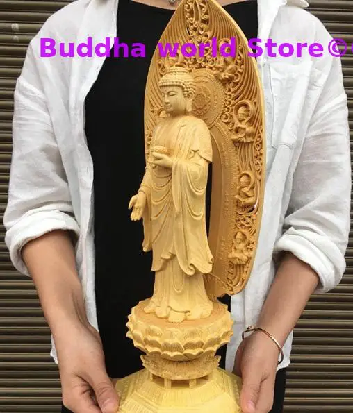 43CM Large High grade boxwood wood carving All-powerful Buddha statue home Temple efficacious bless Talisman carving Sculpture