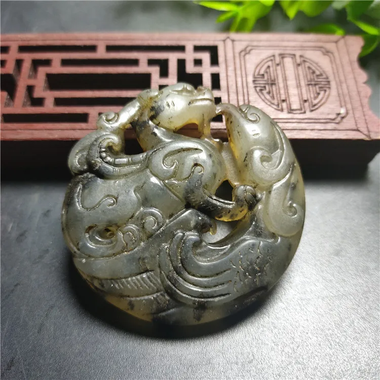 Chinese Two-sided Hollow Out Carved Dragon Phoenix Xiuyu Auspicious Beast Jade Pendant