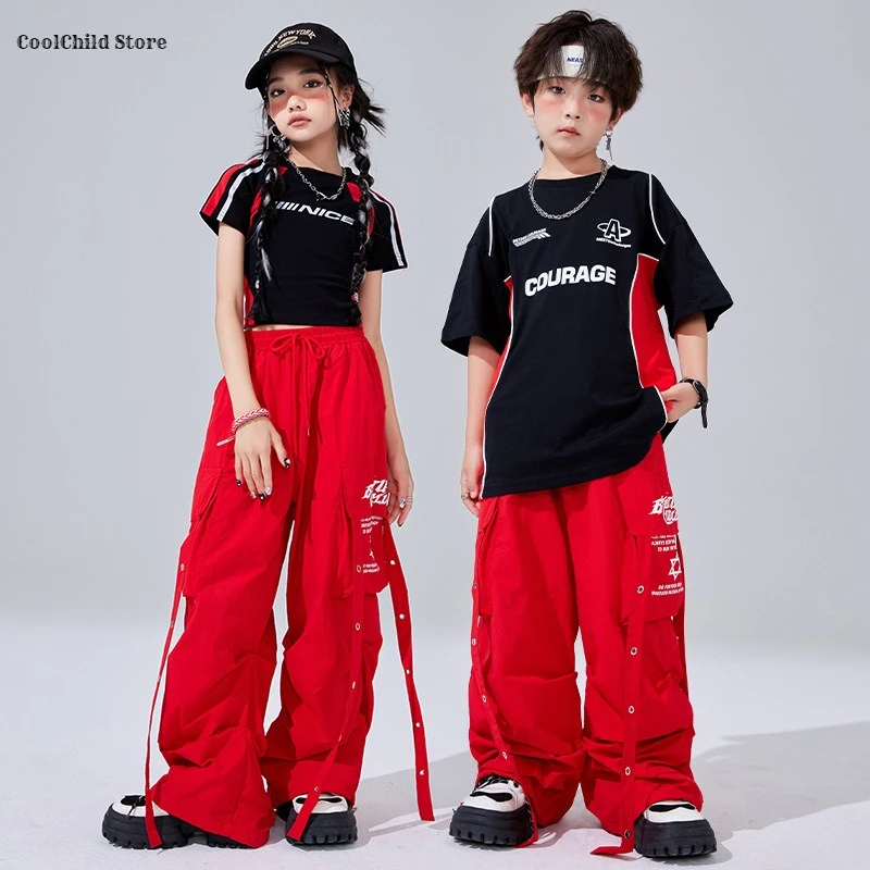 Hip Hop Boys Fashion T-shirt Red Cargo Pants Girls Street Dance Joggers Clothes Sets Kids Teens Jazz Costume Children Streetwear