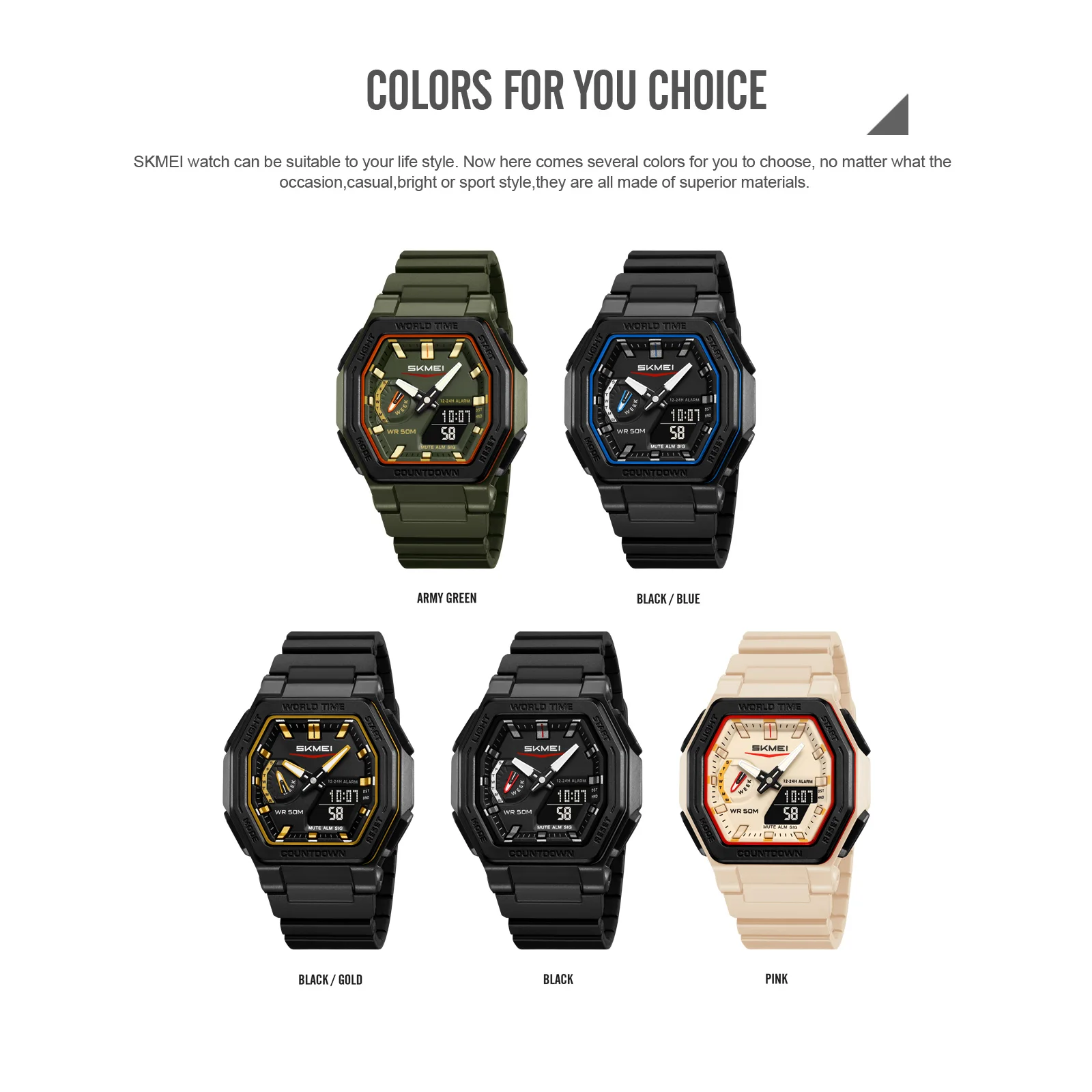 SKMEI 2438 Display Quartz Waterproof Watches Calendar Analog Stopwatch timing Alarm LED night light Clock Casual Dual Digital