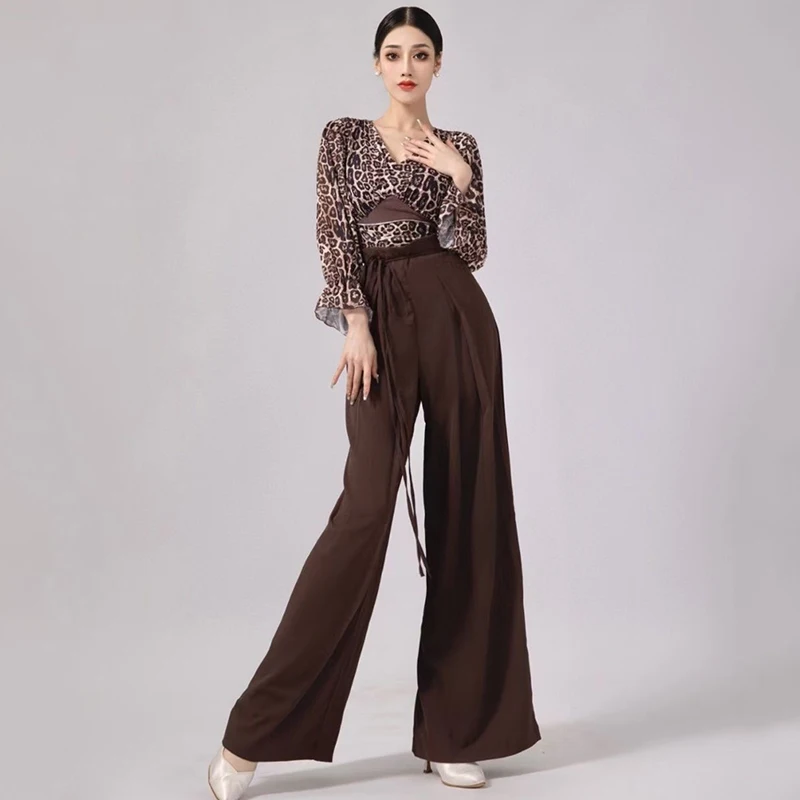 Latin Dance Costumes Leopard Print Long Sleeved Jumpsuit Brown Wide Leg Loose Pants Training Suit For Women Latin Dress DN16786