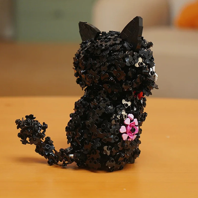 1651PCS Creative Blossom Puss Pet Black Car Model Building Blocks Lovely Animal Assemble Bricks Toy Gift For Children Girl