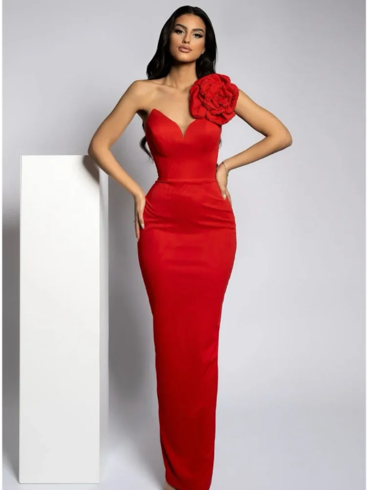 

New Women Summer 2024 Fashion Sexy Flower One Shoulder Red Long Bodycon Dress Birthday Celebrity Party Dress