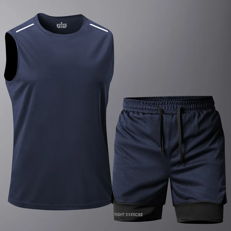 Summer Training Sleeveless shirt+Shorts 2 piece sets Boxing Sports Sets Gym Workout Stretch Quick Drying Tops Running Sets view 2