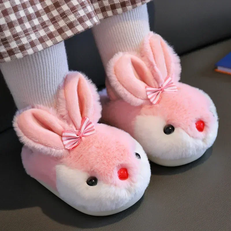 Cute Rabbit Shoes Children Winter Slippers Warm Plush Soft Sole Girls Indoor Home Floor Slipper Pink Color Cartoon Footwear