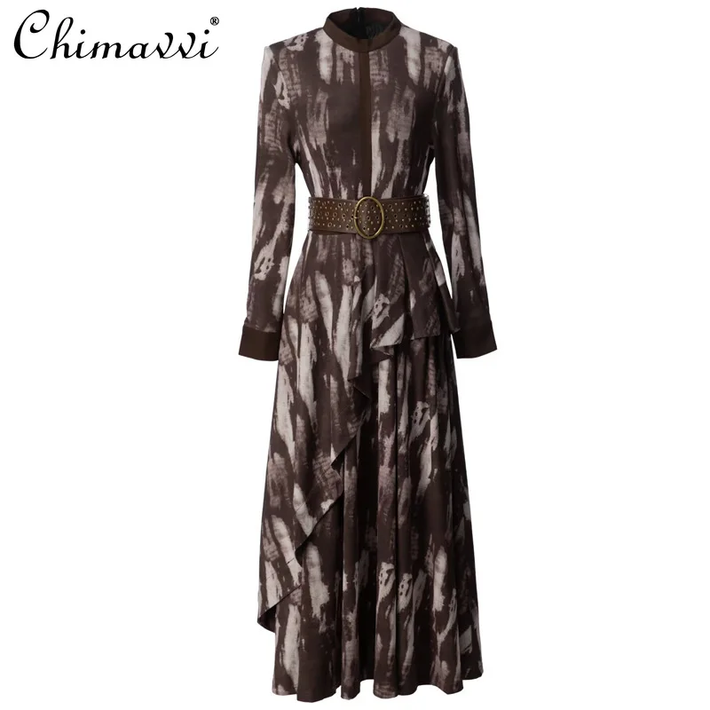 

High-End Fashion Round Neck Striped Print Long Sleeve Patchwork Black Long Dress Autumn New High Waist Slimming Women's Dress