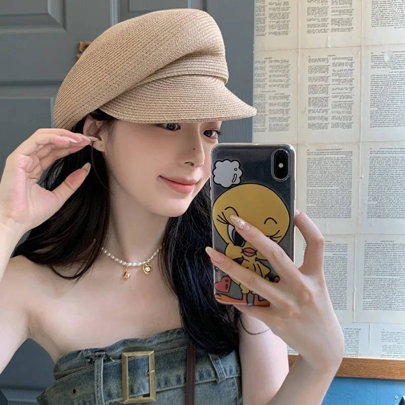 

ALIDI S C Women Summer Straw Newsboy Cap Sun Visor Hat Breathable Woven Octagonal Peaked Beret Hat Casual Outdoor Sunshade Hats
