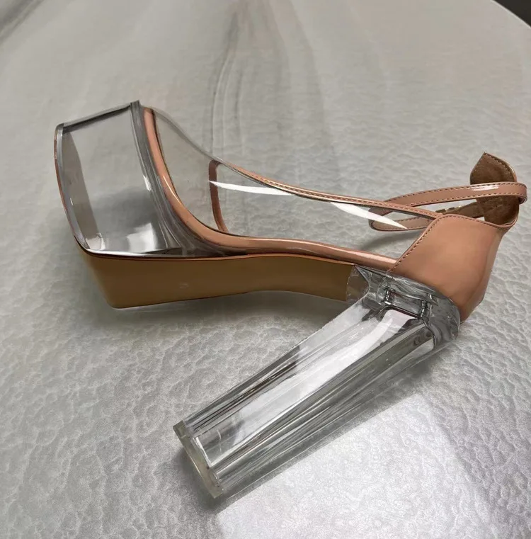 

Прозрачные туфли-лодочки на платформе из ПВХ в стиле пэчворк, прозрачные туфли-лодочки на блочном каблуке с круглым носком и пряжкой на щиколотке, женские туфли для вечеринок на толстом высоком каблуке