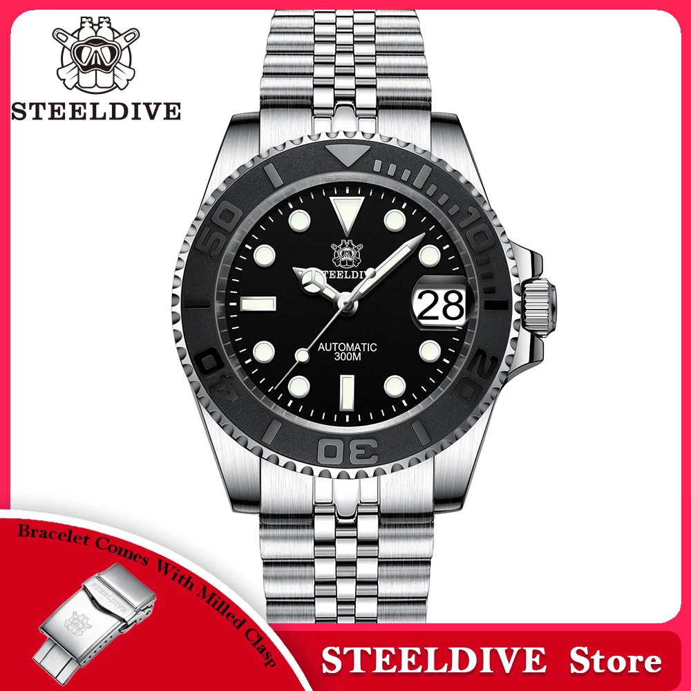 

SD1953T New In STEELDIVE 300M Water Resistant NH35 Automatic Mens Dive Watch Reloj Black Ceramic Bezel With Embossed Markers