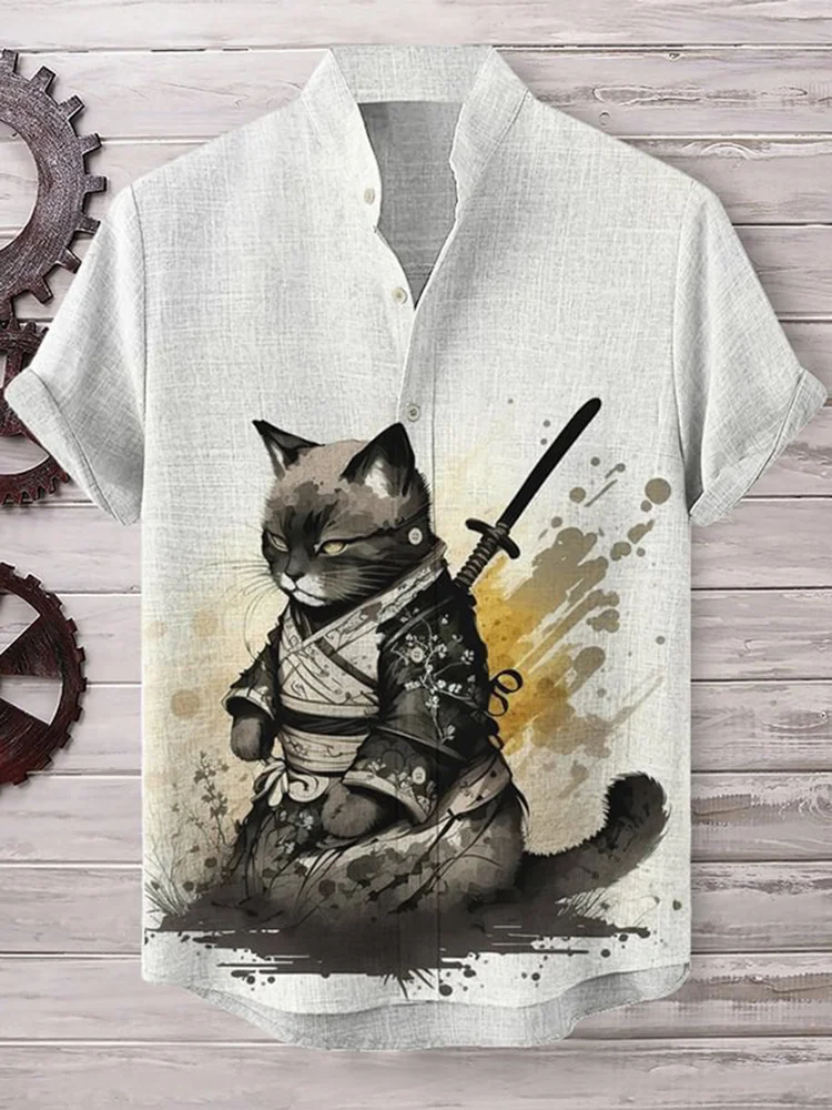 2024 Summer Cat Print Henry Shirt Dla Mężczyzn Popularna Męska Koszula z Krótkim Rękawem Moda Casual Oversize Hawajski Top Męski