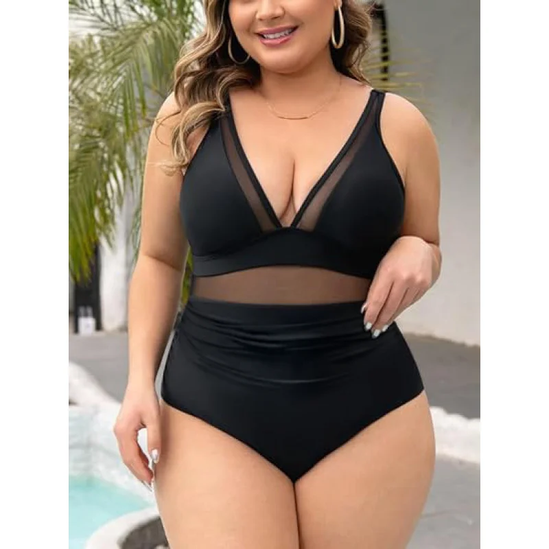 

New Solid Color Sexy One-Piece Plus Size Mesh Patchwork Wrinkled Swimsuit