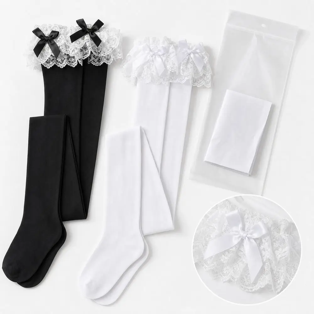 Ruffled Lace Trim Thigh High Stockings Elastic Top Smooth Finish Lace Top Stockings Bow Over Knee Stockings Fashion Outfits