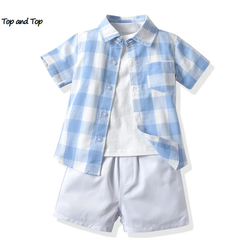 

top and top New Summer Fashion Kids Toddler Boys Gentleman Clothing Sets Plaid Shirt+White Tshirt+Shorts 3PCS Boy Casual Suit