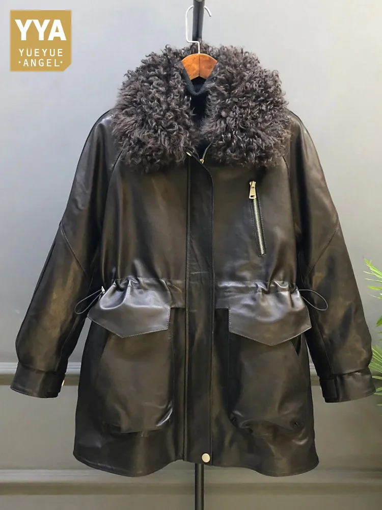 

Leisure Female Zipper Long Sleeves Wool Collar Genuine Leather Jacket Adjustable Waist Fashion Warm Sheepskin Down Outerwear
