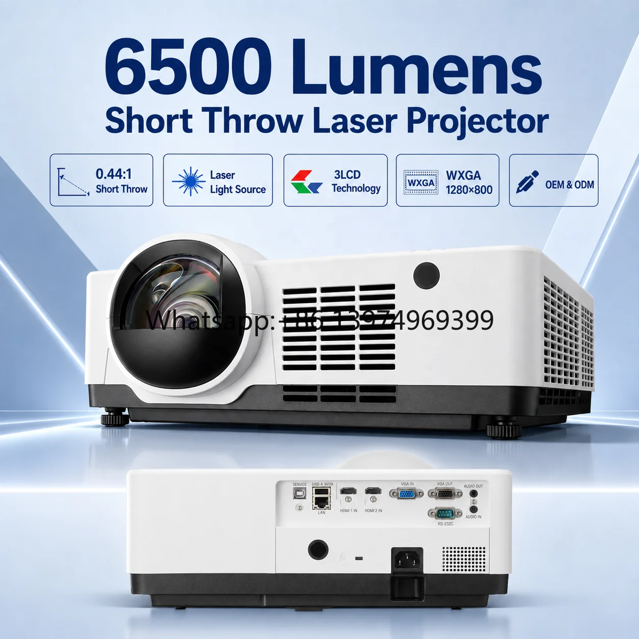 6500 Lumens Short Throw Laser Projector 0.44:1 3LCD WXGA Projector for Classroom and Meeting Room