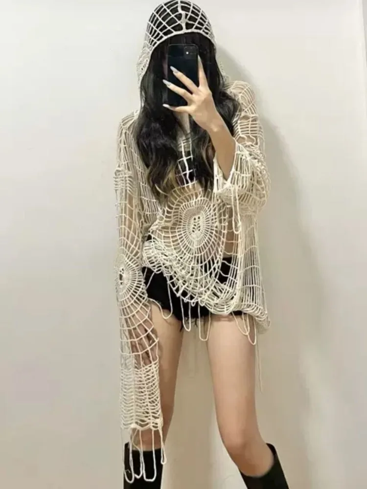 

Y2K Grunge Hottie Ins Niche Punk Spider Web Hole Knitting Hoodie Lazy and Lazy Loose Fitting Perspective Knitwear Hollowing Out