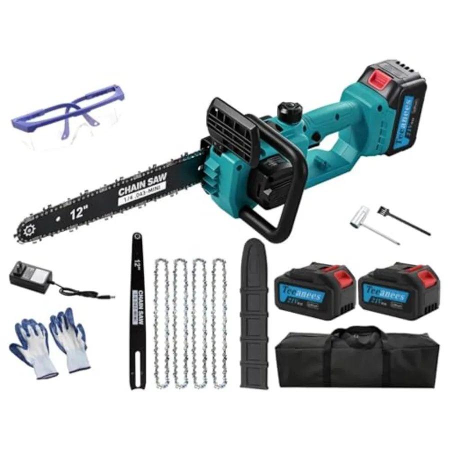 

12" Brushless Cordless Chainsaw with 2x4.0Ah Batteries, 1200W High Power Electric Chainsaw with Auto Oiler and 4 Chains, 14m/s