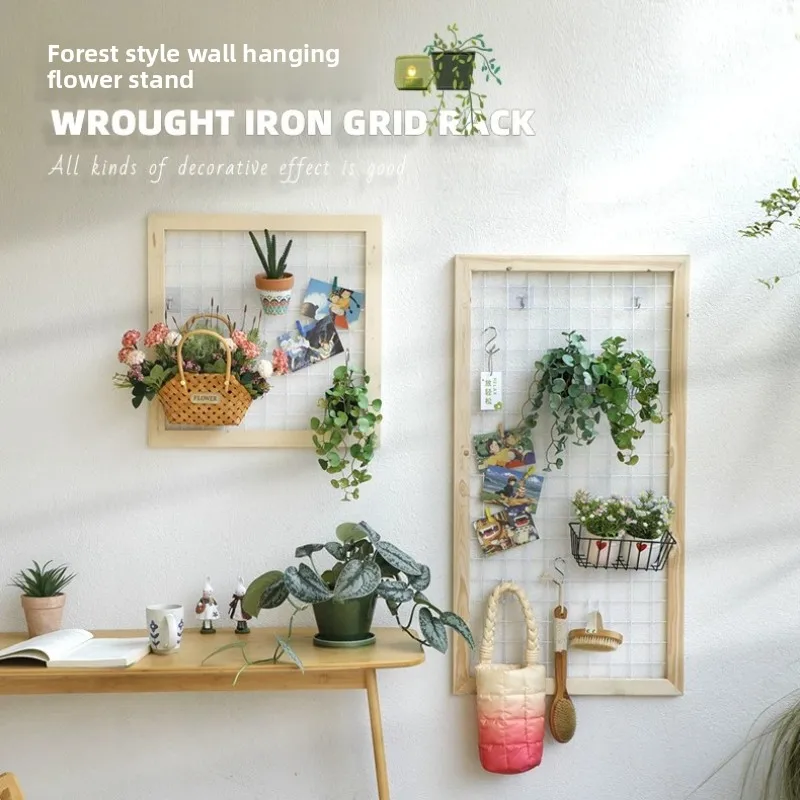 Wall Mounted Plant Rack for Balcony Rustic Wooden Hanging Shelf Garden Display Stand with Grid Trellis Space Saving Storage Rack
