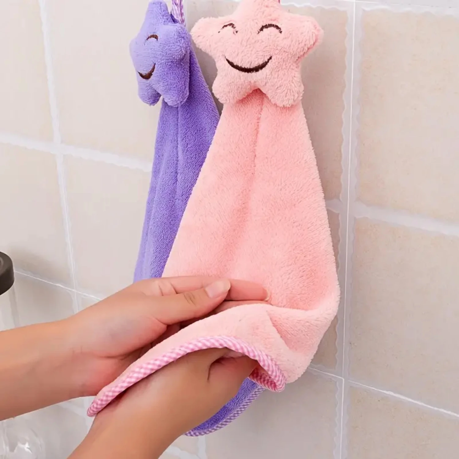 Cute Coral Fleece Hand Towel - Absorbent Kitchen Rag with Smile Face Design