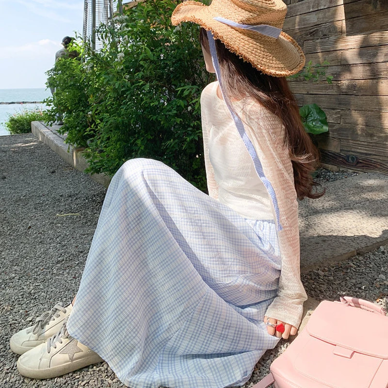 Vacation Beach Plaid Long Skirts Women Summer 2026 Elastic High Waist A Line Skirt Woman Korean Fashion Pleated Midi Skirt Mujer