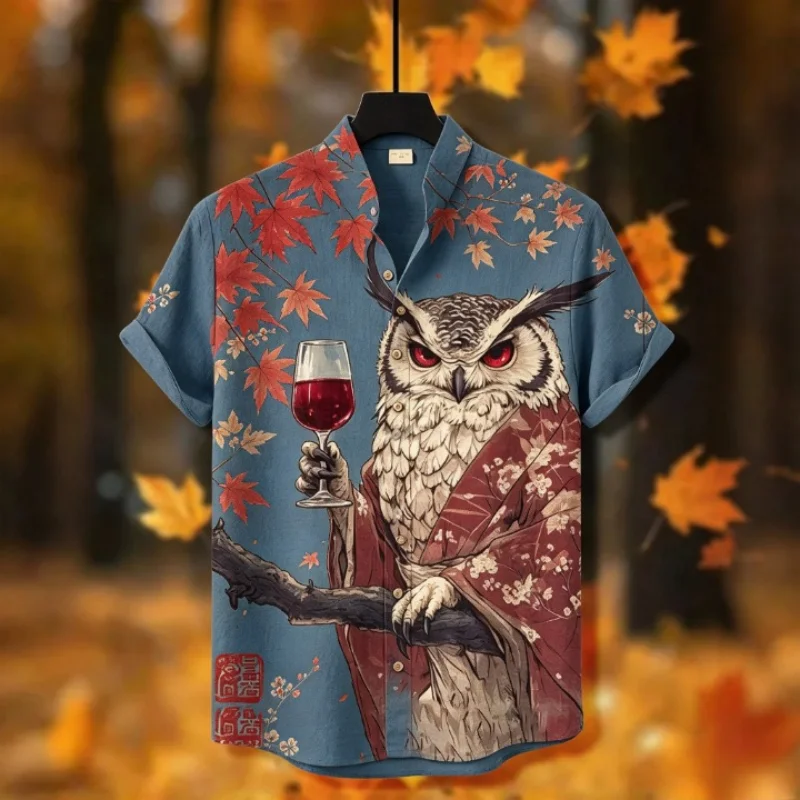 Plus Size Men Ukiyo-E Style Owl Maple Print Shirt Casual Stand Collar Short Sleeve Summer Button Down Harajuku Tunics Male
