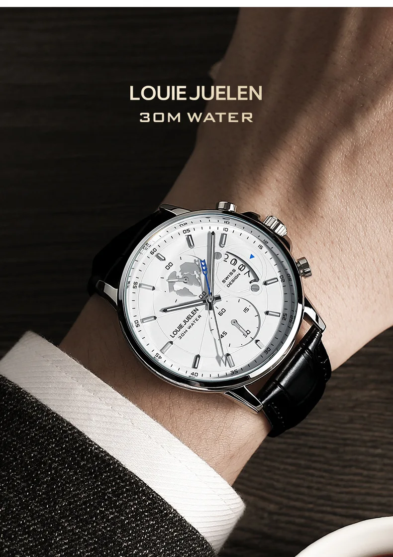 LOUIE JUELEN Couple Watches Multifunction World Map Dial Black Leather Strap Luminous Quartz Wristwatch Lovers Pair Gift Set