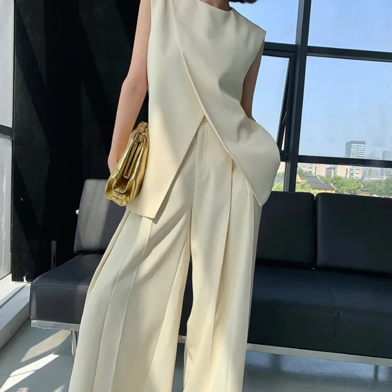 Deconstructed Sleeveless Vest Suit Set Women Summer Elegant Asymmetric Vest Wrinkle Resistant Avant Garde Office 2Piece Set