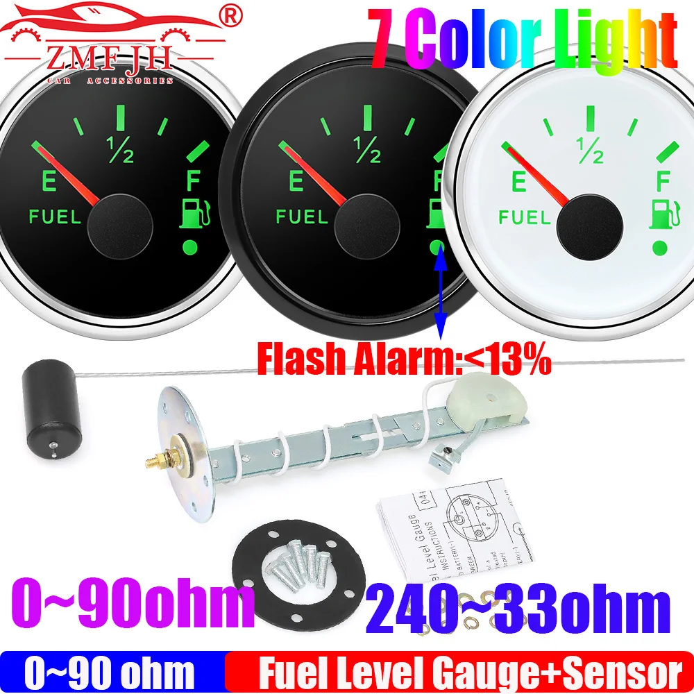 

ZMFJH Auto Car 0-90ohm,240-33ohm 52MM Fuel Level Gauge with Oil Sensor 7 Color LED Oil Tank Meter Indicator Warning Waterproof