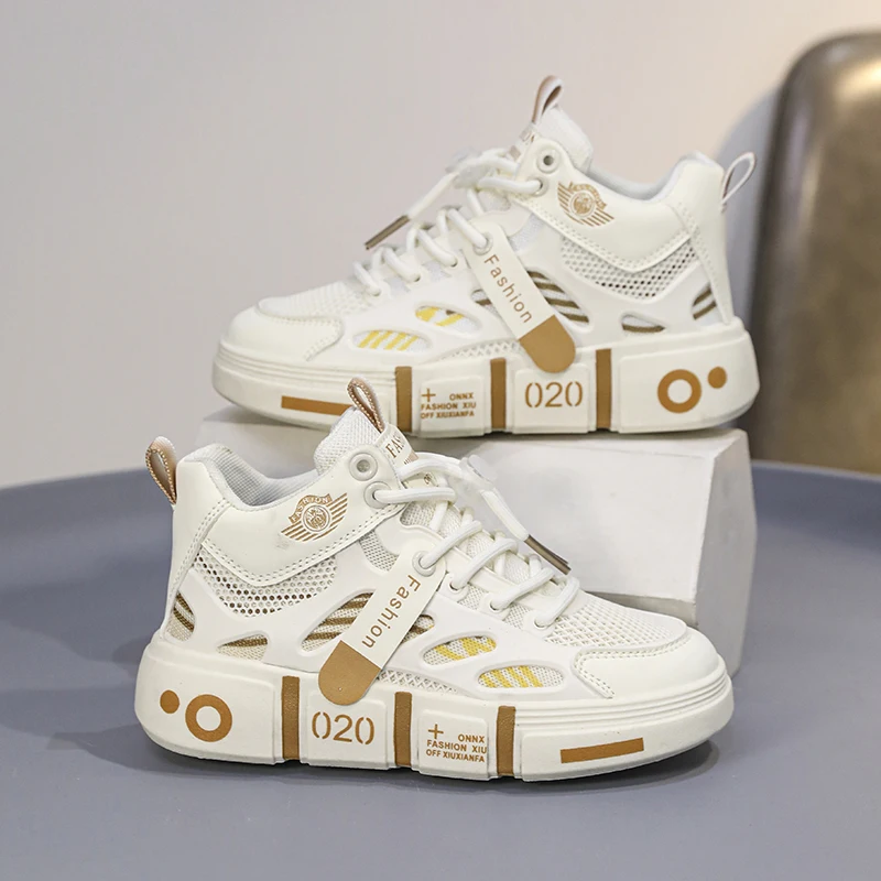 

Children's sports shoes Boys shoes 2024 fall new boys board shoes high top leather soft soled big children outdoor sports shoes