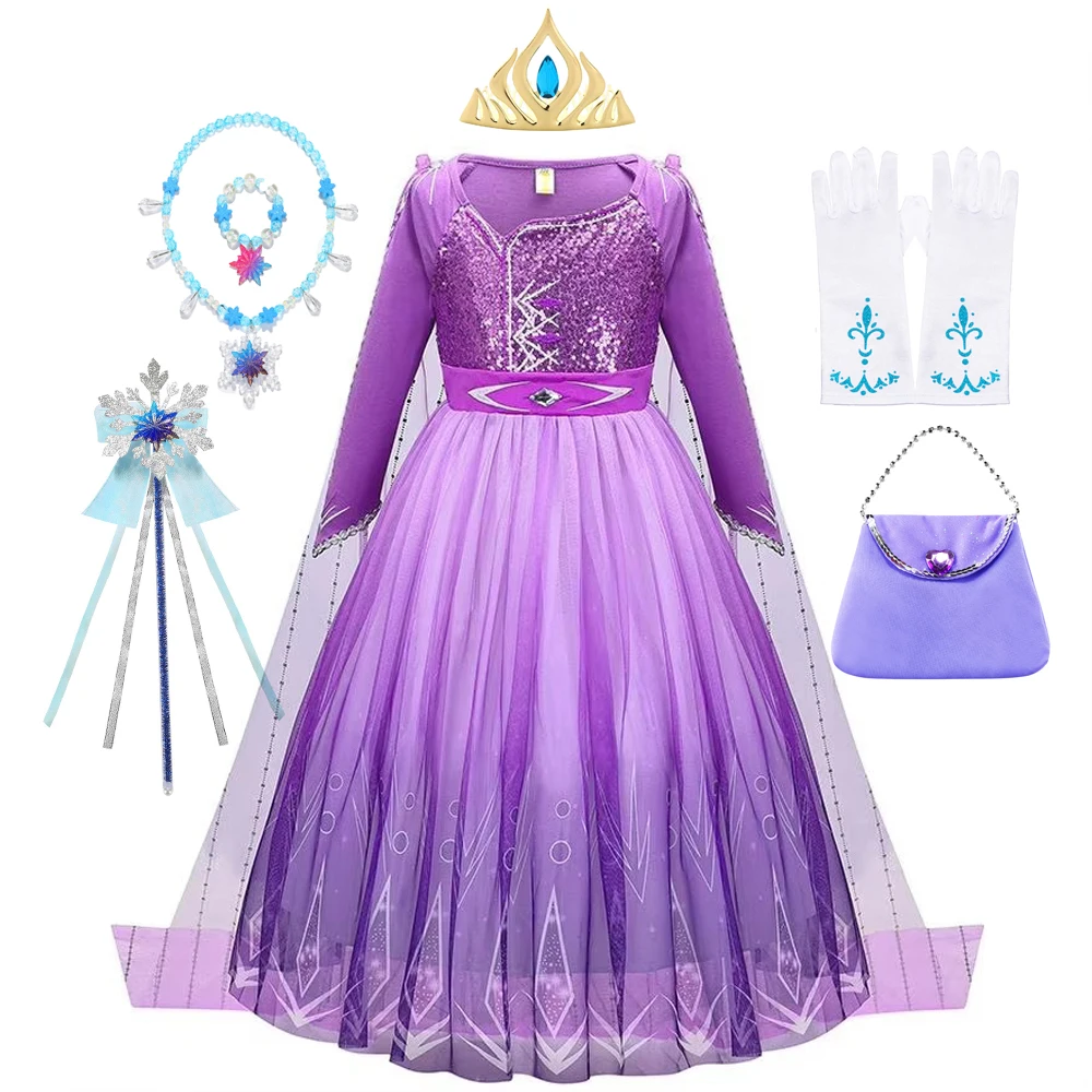 فستان إلسا الأرجواني للفتيات أزياء الهالوين التأثيرية للحفلات لعب الأدوار ملابس الأطفال فستان بأكمام طويلة