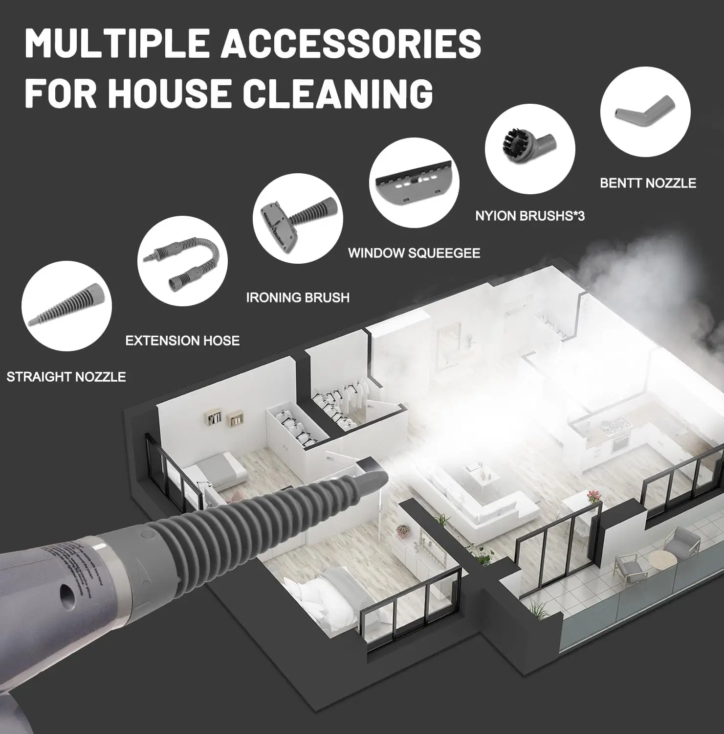 Handheld Steam Cleaner, 13-Accessory Multi-Surface Steamer, Safe & Efficient for Floor, Car, Couch, Windows – Grey