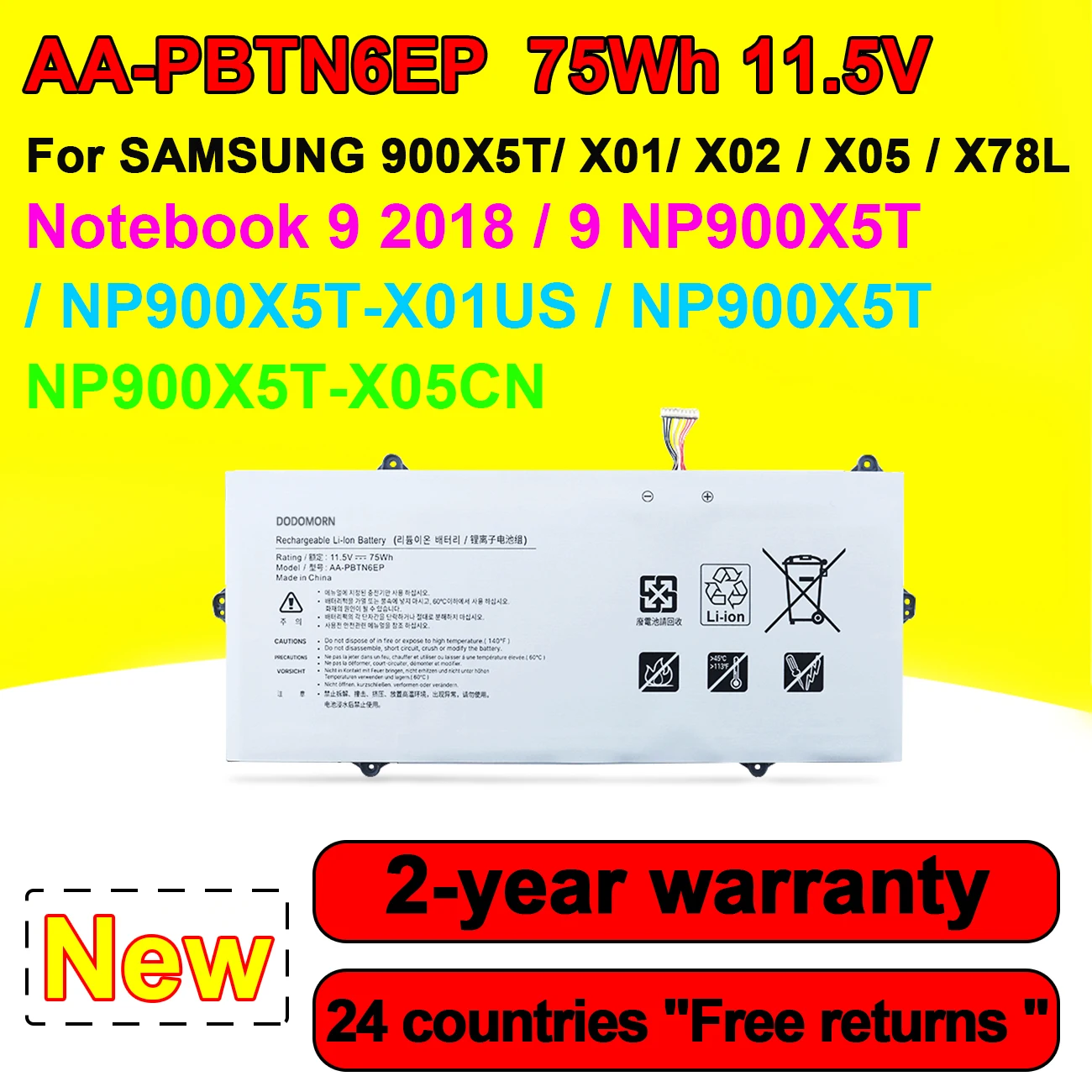 

AA-PBTN6EP Laptop Battery For Samsung 9 NP900X5T Notebook 9 2018 900X5T X01 X02 X05 X78L X01US X05CN 11.5V 75Wh Rechargeable