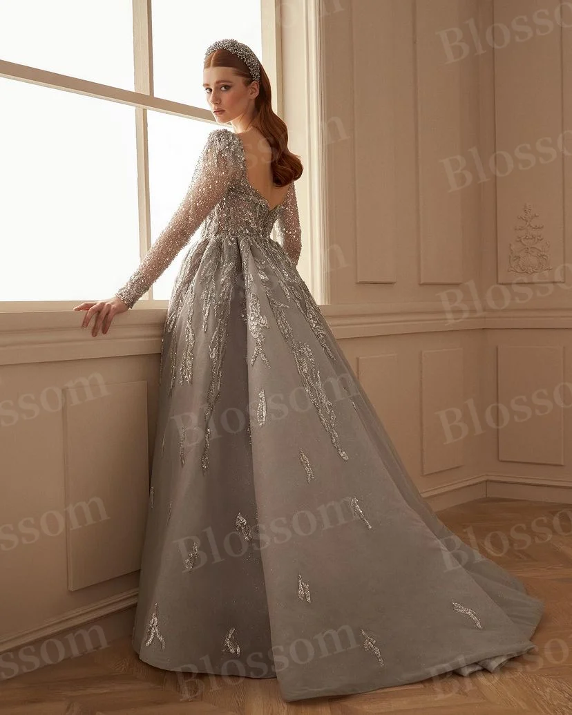 Grey Sequins Beaded Luxury Evening Dresses For Prom 2024 Long Sleeves A-line Formal Wedding Party Gown Bridal Engagement dress