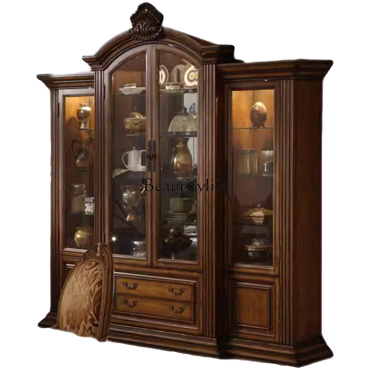 European solid wood carving flower locker American retro wall glass door display cabinet