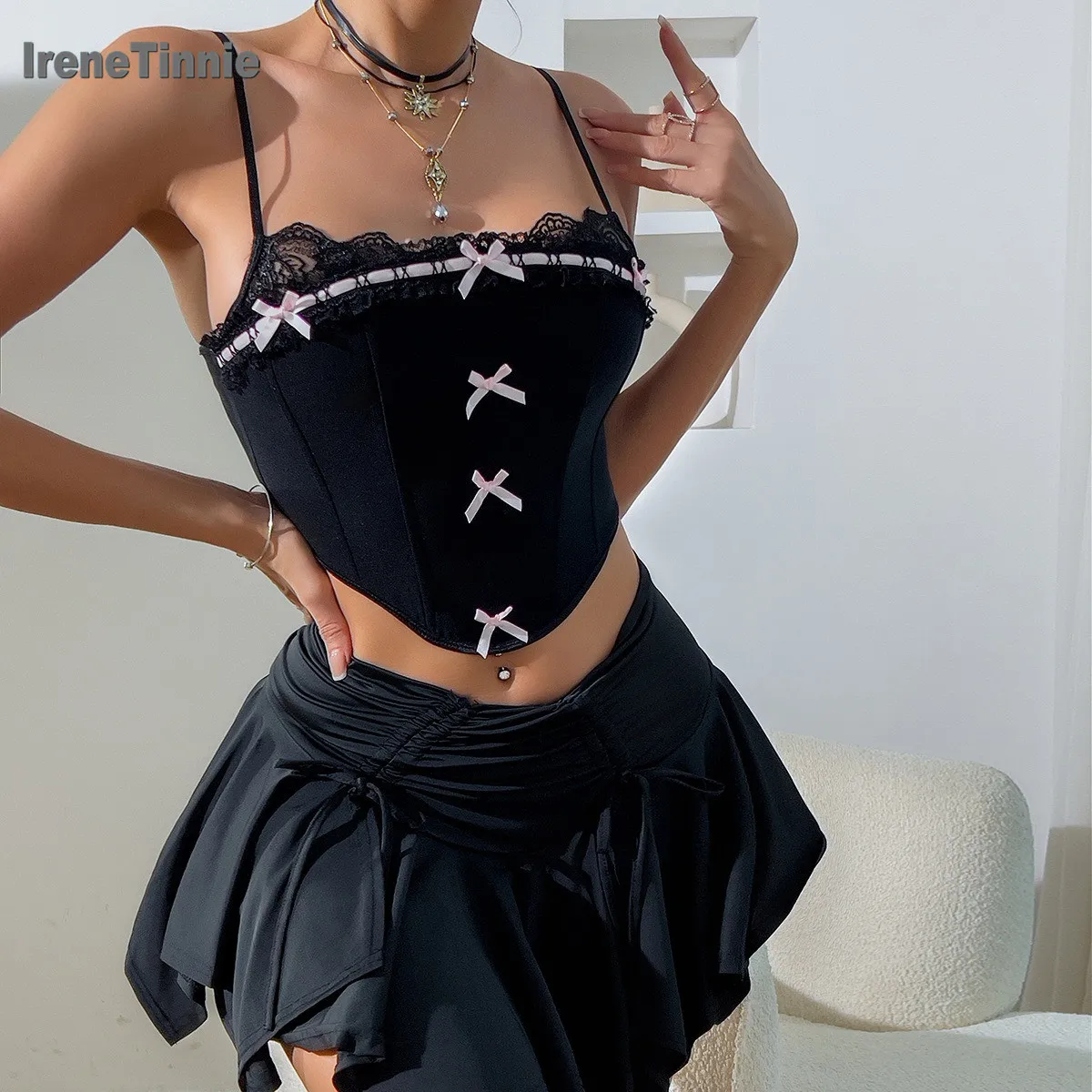 

IRENE TINNIE Women Fishbone Corset Crop Top Lace Trim Bows Decor Strap Bustier Cami Top Y2K Going Out Street Date Party Tops