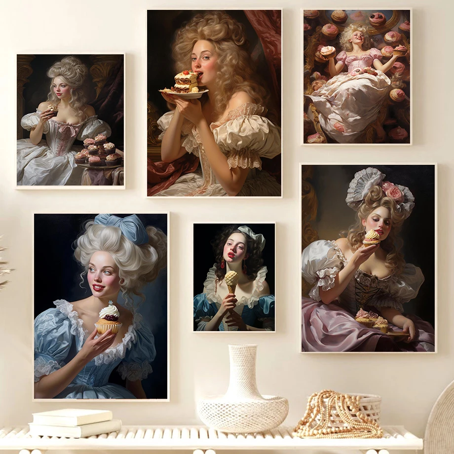 1pc frameless Canvas Painting Vintage Elegant Rococo Women Eat Dessert Cake Posters Renaissance Whimsical Prints Canvas Wall Pic