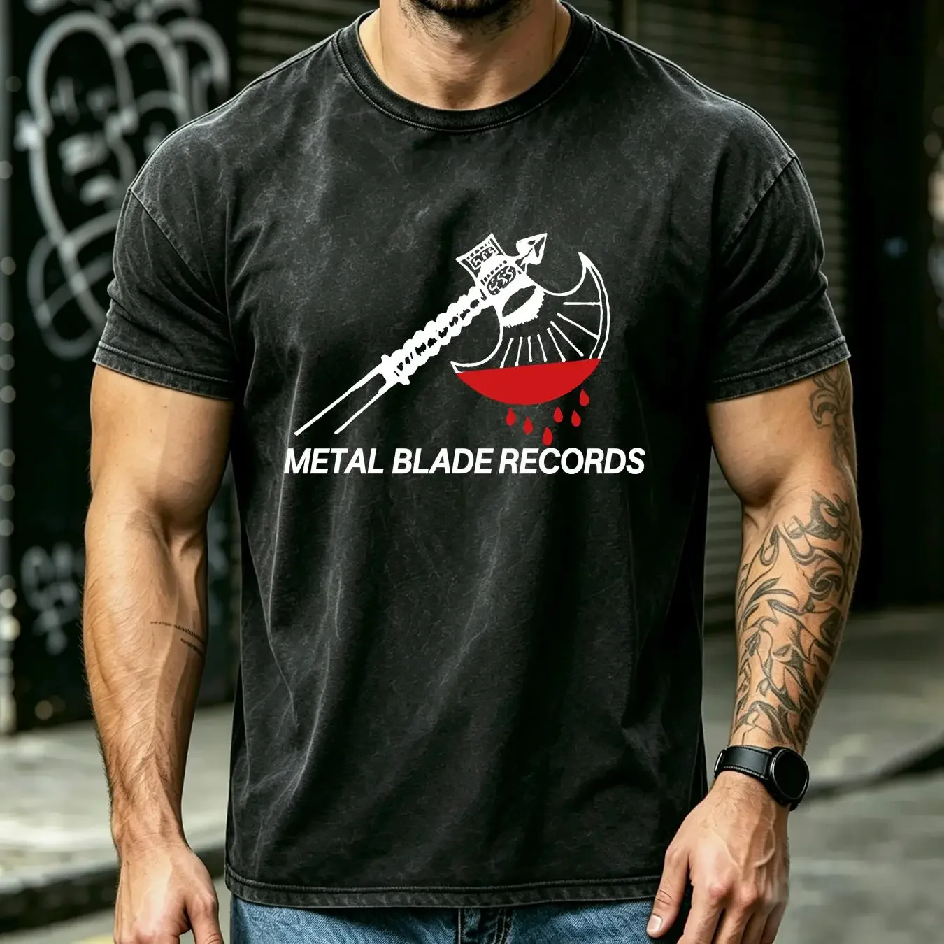 washed T Shirt Men's Metal Blade Records Axe Logo Small Black vintage Washed Versatile streetwear Soft Stretched Slightly