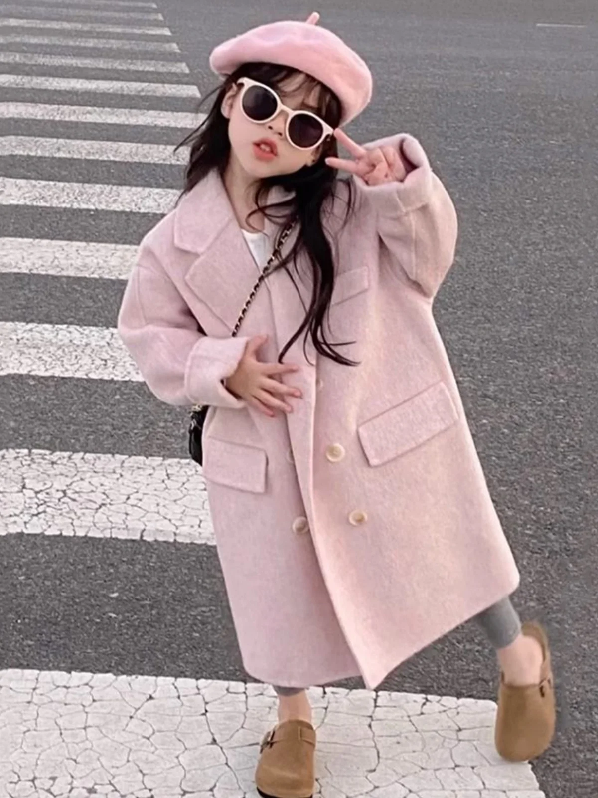 

Girls Pink Coat 2024 Autumn New Pink Tweed Coat Baby Girls Long Woolen Simple Casual Fashion Coat Korean Sweet Style Clothes