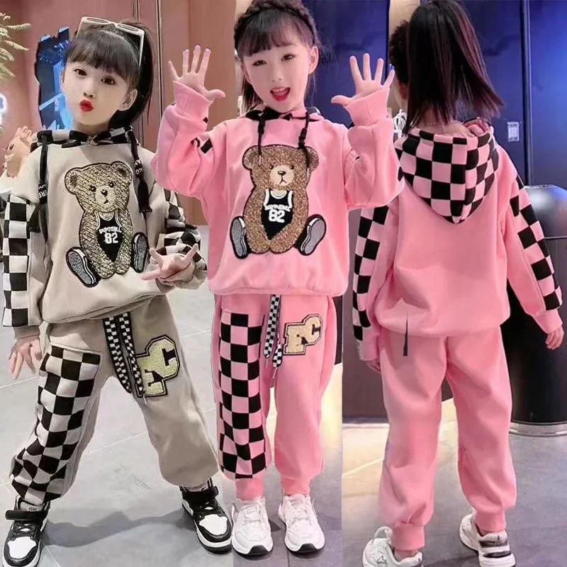 Spring Autumn Girls Clothing Set Cartoon Embroidered Bear Pattern Hoodies Sweatshirt+ Pants 2Pcs Outfit Suit For 2-8 Years Kids