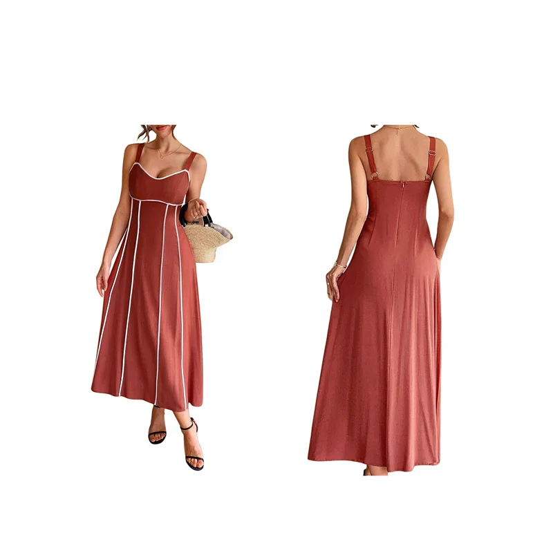 ABRT-Vestido maxi listrado feminino com alça espaguete e corte longo e fluido