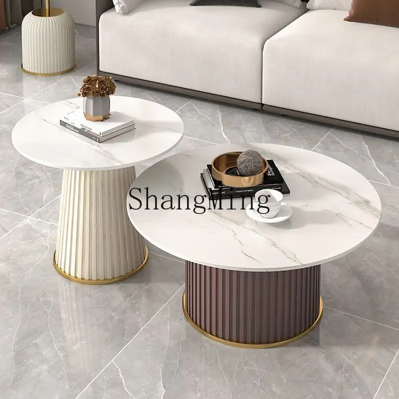 

FG rock slab coffee table living room home tea table modern light luxury modern high-end solid wood round small coffee table
