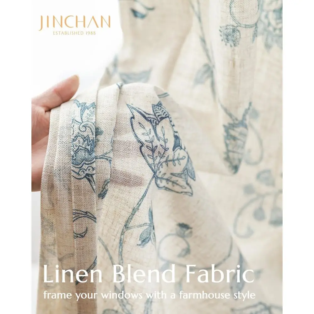 Blumen-Leinenvorhänge, 84 Länge, Lichtfilterung, Rutentasche und Rückenlehne, 2er-Set mit blauen Paneelen für Wohnzimmer und Schlafzimmer