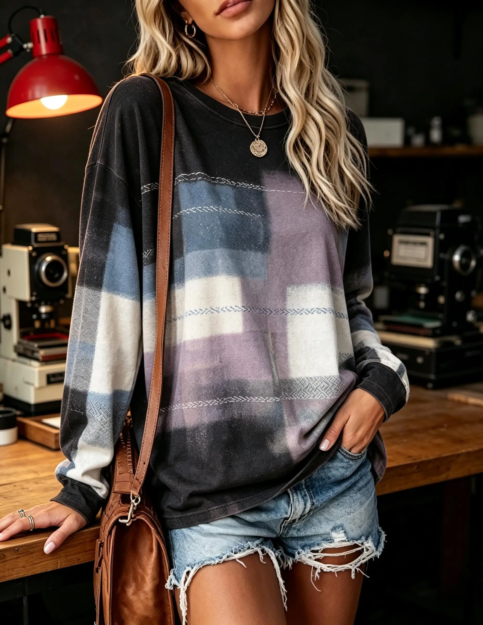 Women Crew Neck Long Sleeve T Shirt Vintage Faux Plaid Block Texture Flat Print Oversized Loose Casual Top