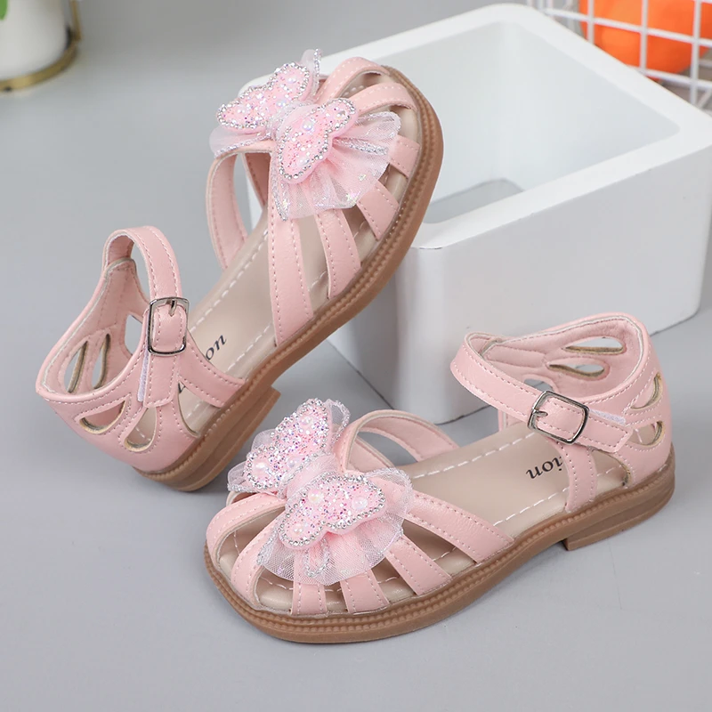 Shine Children Sandals for Girls Butterfly Cute Designer Kids Shoes Peep-toe Korean Style 2023 Summer New Soft Breatheable Chic