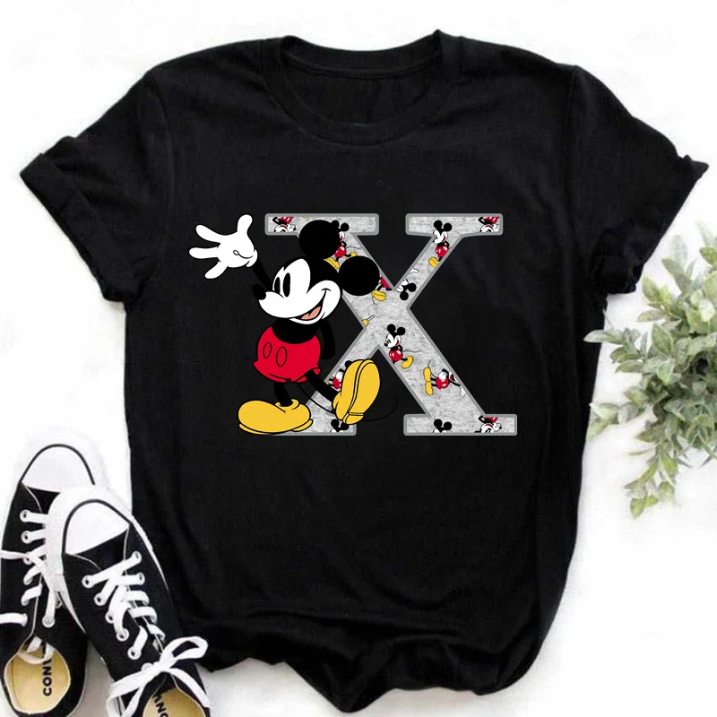 Fashion Mickey Mouse A-Z 26 Disney English Letter Fun Printing Tops 90s  Anime Harajuku Casual Summer Y2K Women's Cotton T-shirt