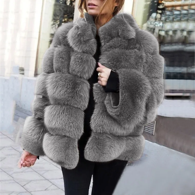 

European and American Imitation Fur Jacket Women's Imitation Fox Hair Horizontal Splicing Artificial Fur Coat