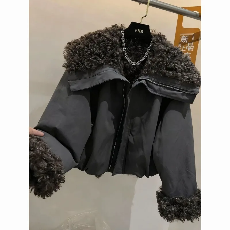 Women's New 2026 Winter European Station Lapel Fashionable Velvet Thickened Foreign Hair Splicing Long-sleeved Cotton Clothes