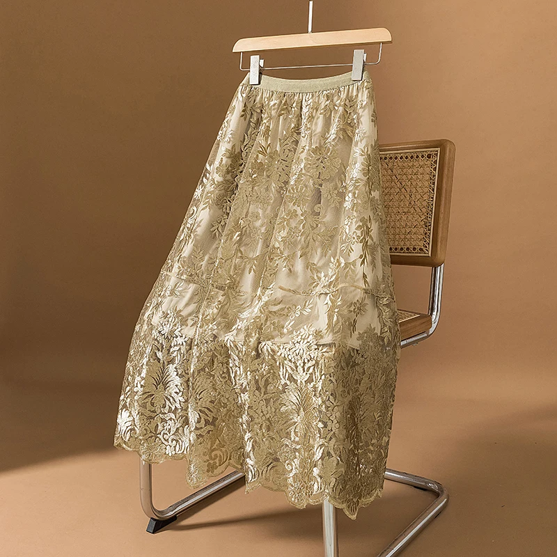 

High-End plus Size Women's Spring Summer New A-Line Skirt Embroidered Lace Chiffon Midi Skirt Commute Artistic Sle