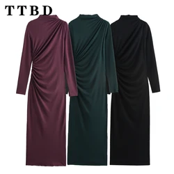 TTBD 2024 Autumn Woman's Casual Fashion Long Sleeve Solid Color Dress Female Vintage Half high Collar Ruffles Dresses Maxi Skirt